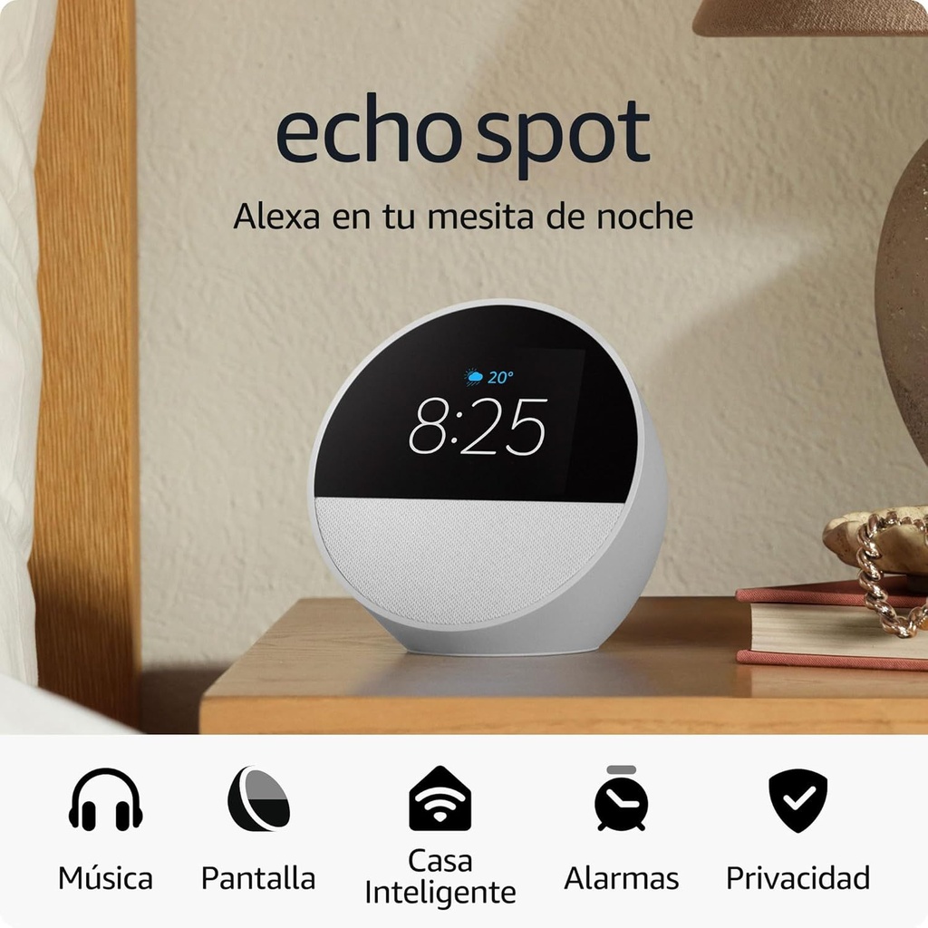Amazon Echo Spot (2024) – Despertador Inteligente con Alexa, Pantalla Táctil de 2.83”, Sonido Vibrante y Control de Hogar Inteligente