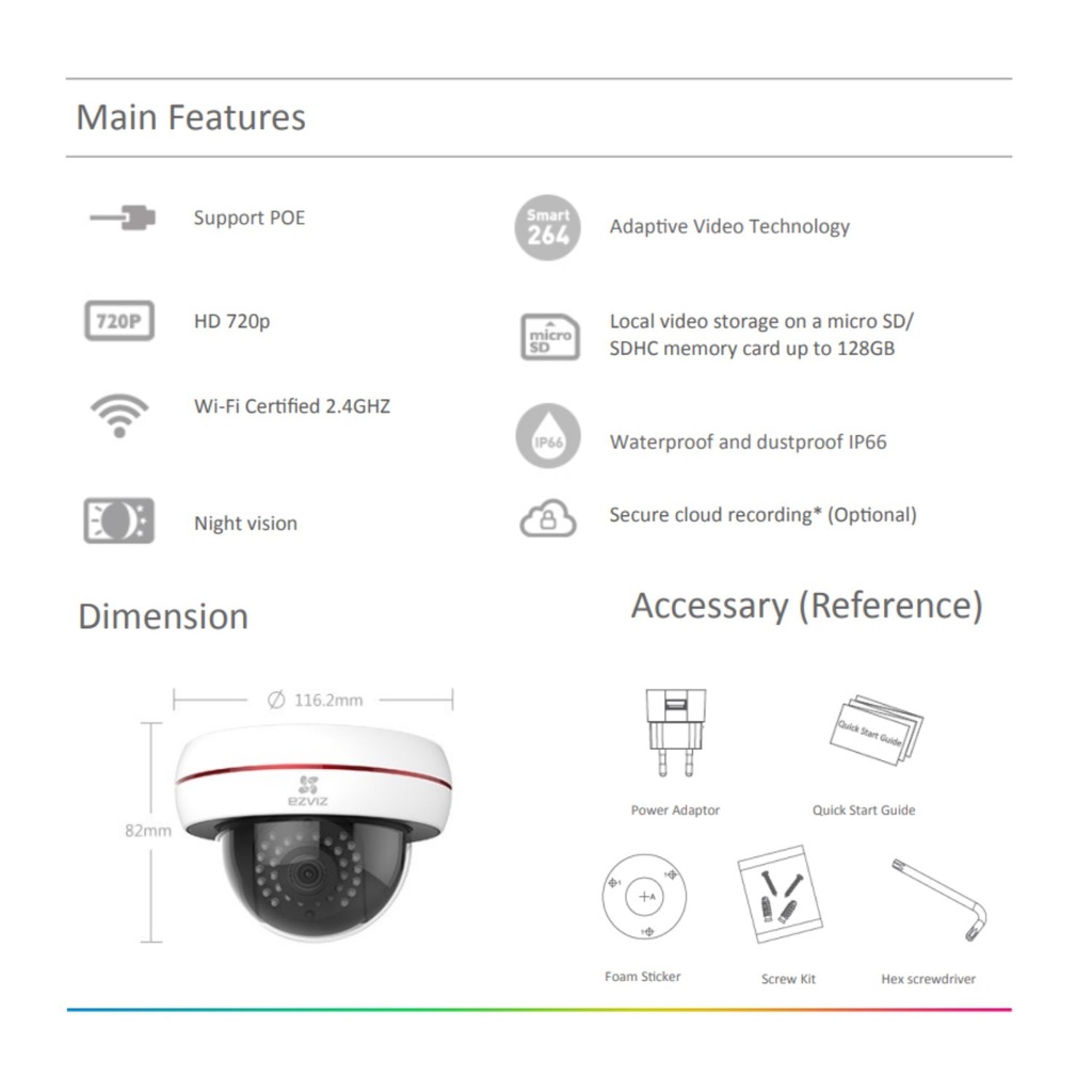 CS-CV220 - Cámara Domo 2MP IP WiFi - Lente 4mm - Angulo de 90° - IR 30Mtrs - WDR 120dB - Slot microSD hasta 128GB - Wi-Fi 2.4Ghz - IP66 para exteriores