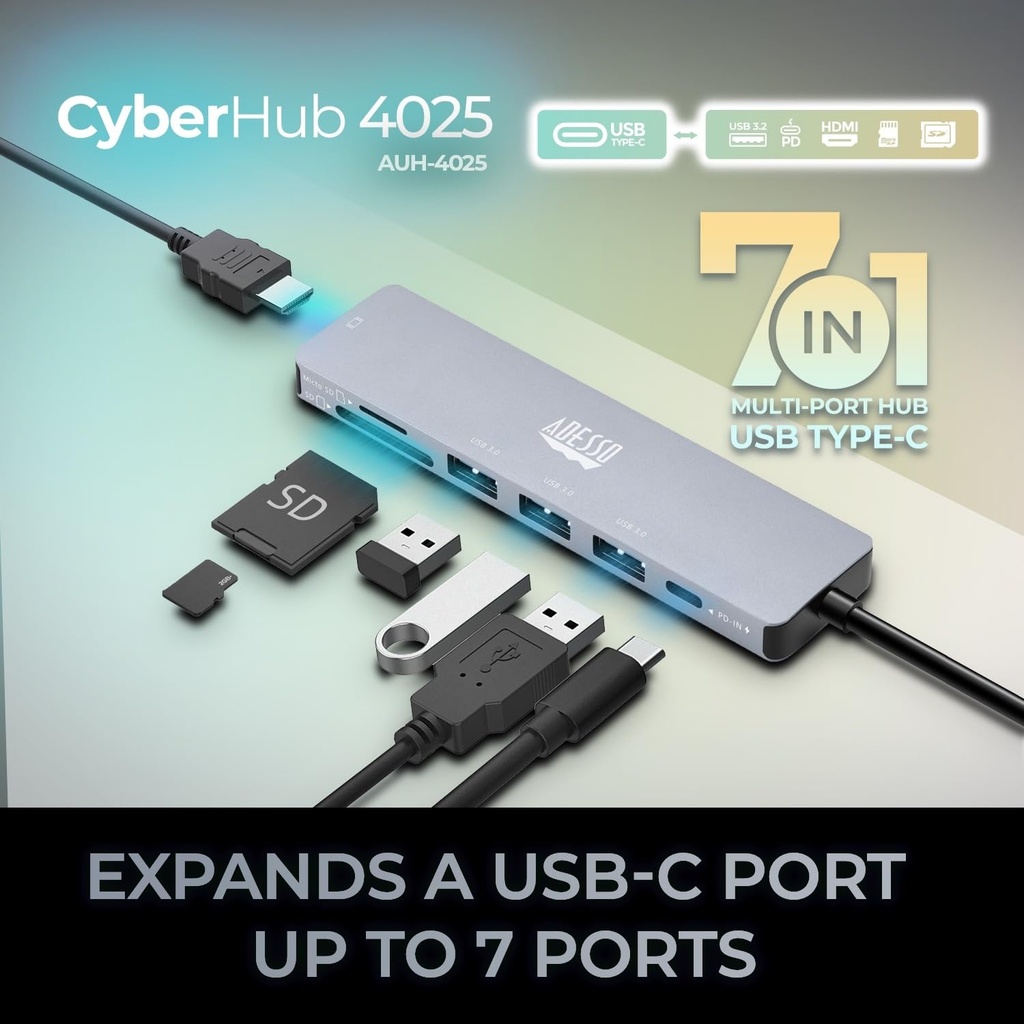 Adesso AUH-4025 Estación de acoplamiento USB C Adaptador multipuerto Tipo C Hub Soporta USB C a x1 4K HDMI, 3X USB-A 3.2, 1x PD, 1x Micro SD, 1x Lector de tarjetas SD