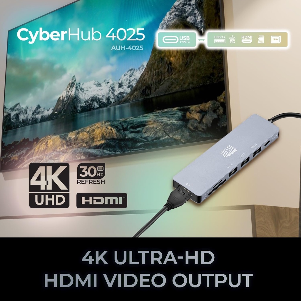 Adesso AUH-4025 Estación de acoplamiento USB C Adaptador multipuerto Tipo C Hub Soporta USB C a x1 4K HDMI, 3X USB-A 3.2, 1x PD, 1x Micro SD, 1x Lector de tarjetas SD