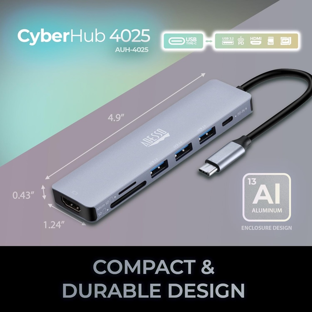 Adesso AUH-4025 Estación de acoplamiento USB C Adaptador multipuerto Tipo C Hub Soporta USB C a x1 4K HDMI, 3X USB-A 3.2, 1x PD, 1x Micro SD, 1x Lector de tarjetas SD