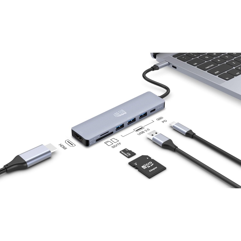 Adesso AUH-4025 Estación de acoplamiento USB C Adaptador multipuerto Tipo C Hub Soporta USB C a x1 4K HDMI, 3X USB-A 3.2, 1x PD, 1x Micro SD, 1x Lector de tarjetas SD