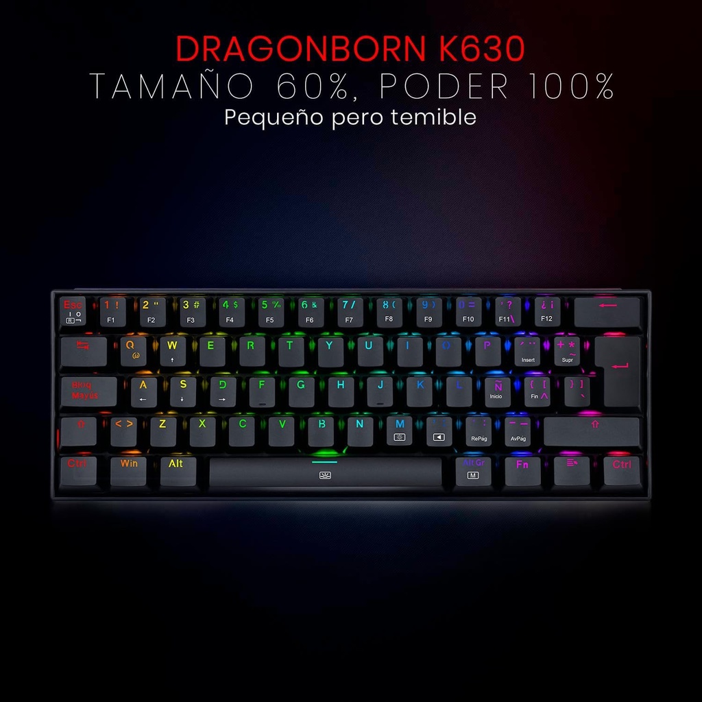 DRAGONBORN NEGRO: 60%, ESPAÑOL, MECANICO RED SWITCH + LUZ RGB 