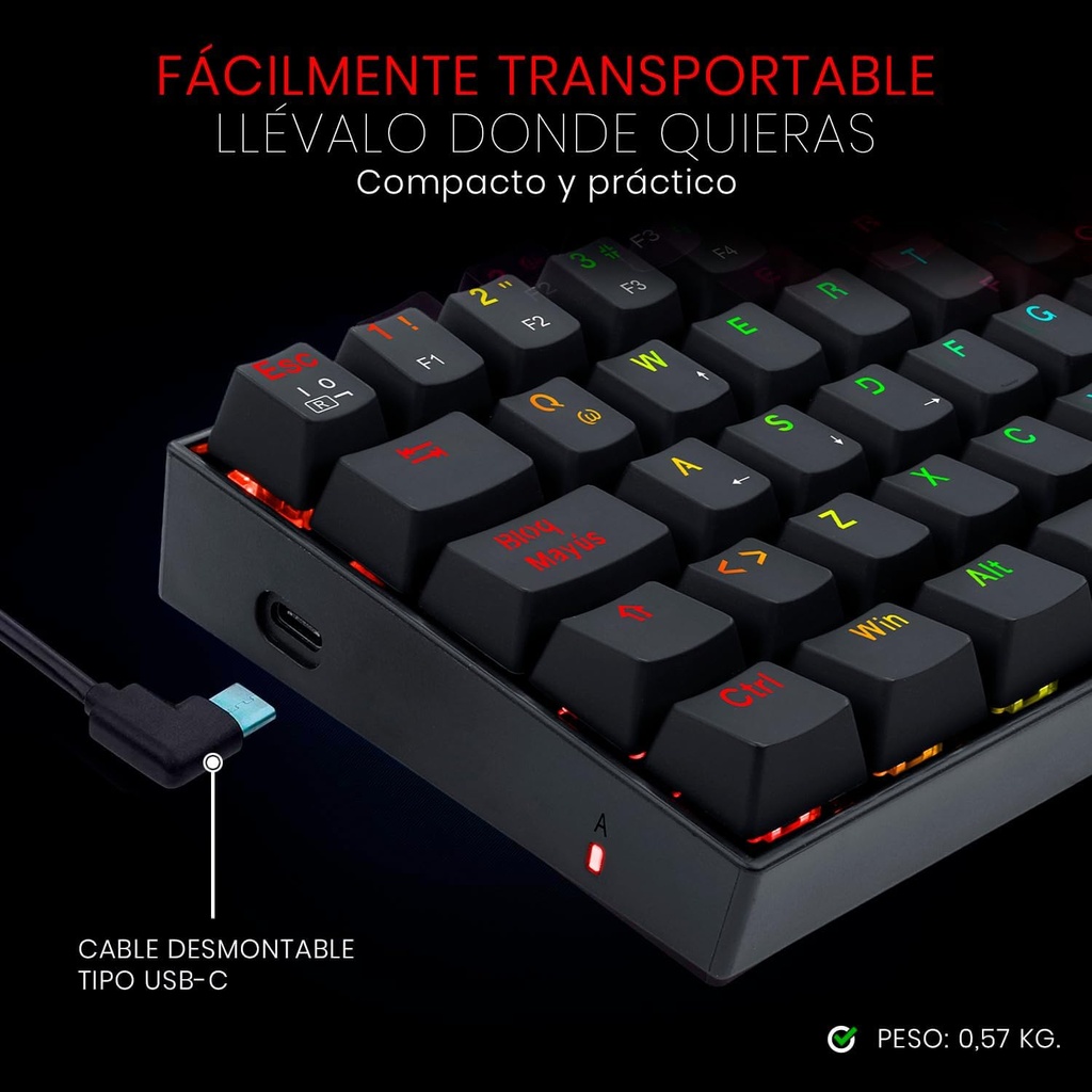 DRAGONBORN NEGRO: 60%, ESPAÑOL, MECANICO RED SWITCH + LUZ RGB 