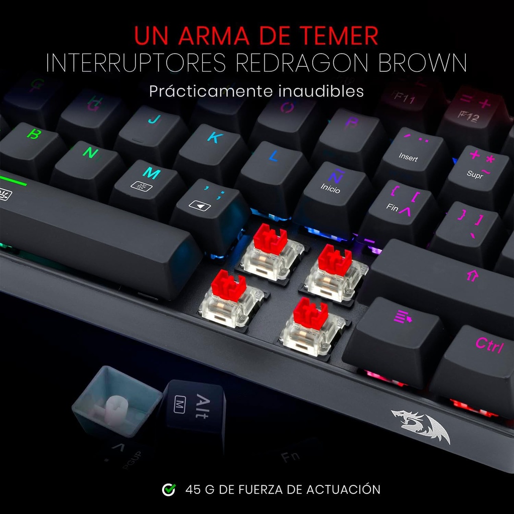 DRAGONBORN NEGRO: 60%, ESPAÑOL, MECANICO RED SWITCH + LUZ RGB 