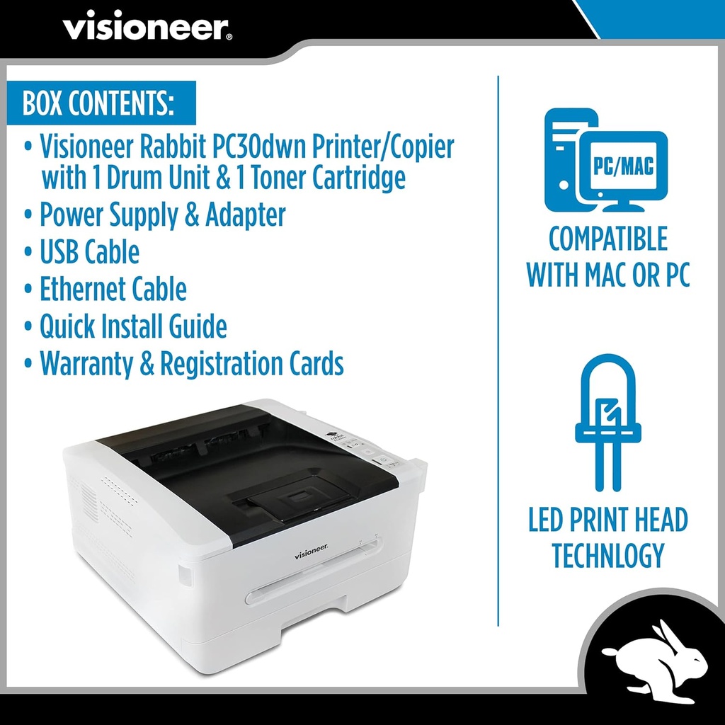 Paquete Visioneer Rabbit PC30dwn – Impresora Láser Multifunción + Tóner 3K – 30 PPM, Dúplex, ADF 250 Hojas, USB, Compatible PC/Mac – Blanco