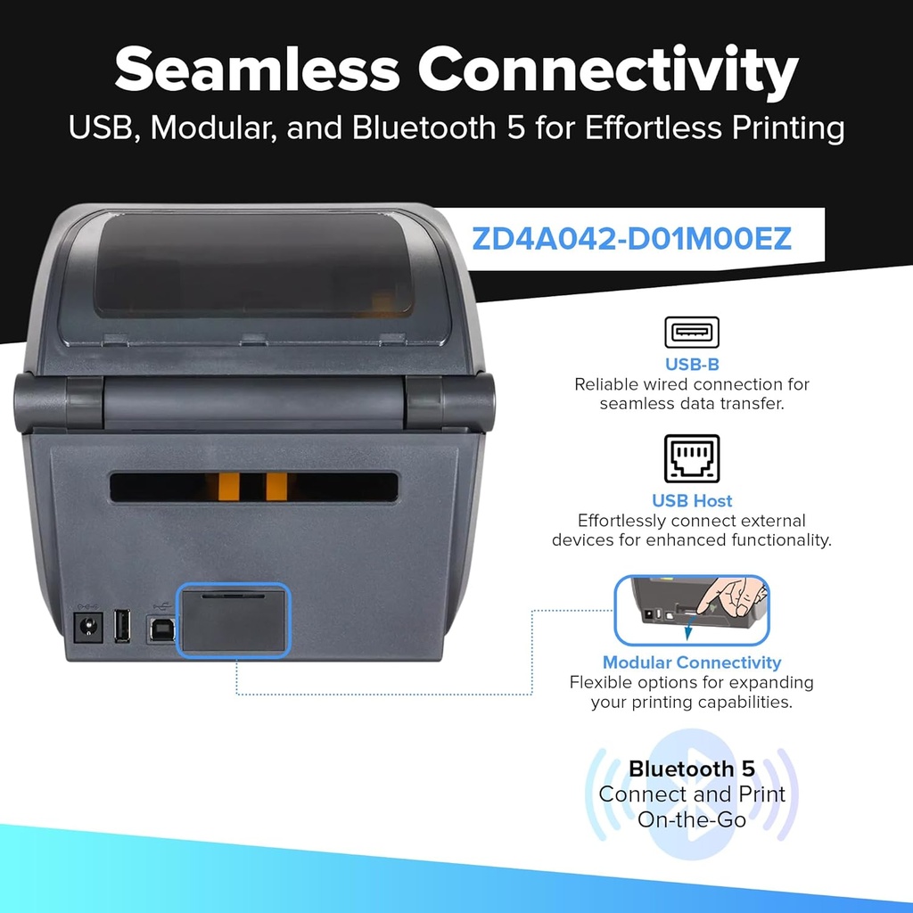 JetSet Label Zebra Impresora térmica Directa de 203 PPP USB | Impresora de computadora para Varios Tipos de Etiquetas | 4 Pulgadas de Ancho ZD4A042-D01M00EZ | No Requiere Cinta térmica | Incluye Software Jetset