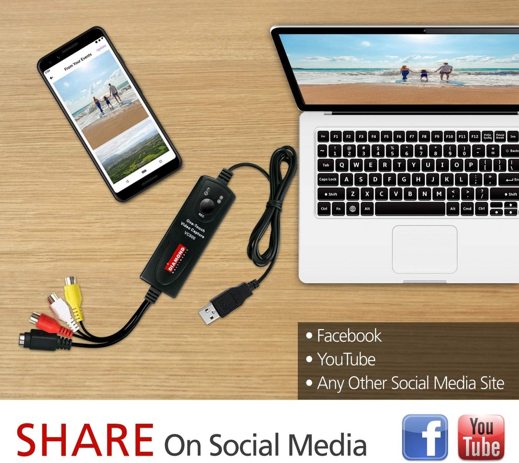 Dispositivo de captura de video de un solo toque USB 2.0 Diamond VC500 Capture contenido de VCR, videocámaras, reproductores de DVD o cualquier dispositivo que admita salida de video a través de una conexión S-Video o RCA compuesta.