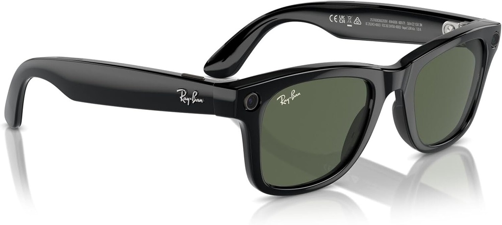 Ray-Ban Meta Wayfarer Smart Glasses with Meta Ai, Audio, Photo, Video Compatibility - Green Lenses - Shiny Black 0RW4006