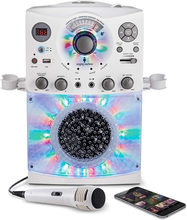 Singing Machine Bluetooth Karaoke System with LED Disco Lights, CD+G, USB, and Microphone, Karaoke Machine for Kids and Adults