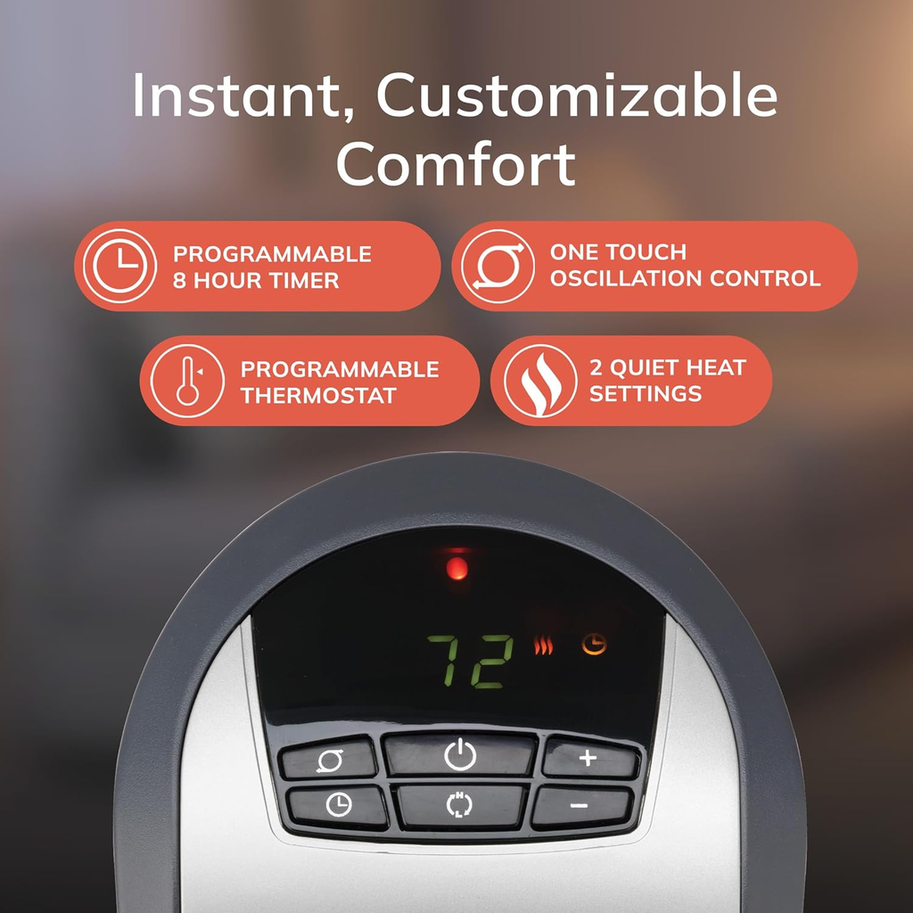 Lasko 1500W Ceramic Tower Space Heater with Digital Display and Remote Control, 5160, Black/Silver