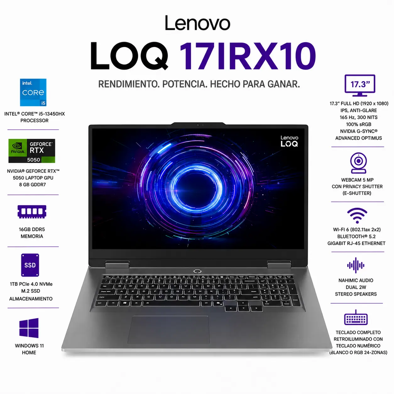 Lenovo LOQ 17IRX10 - 17.3" FHD IPS 165Hz - RTX 5050 - Intel Core i5-13450HX -16GB RAM - 1TB SSD -Luna Grey
