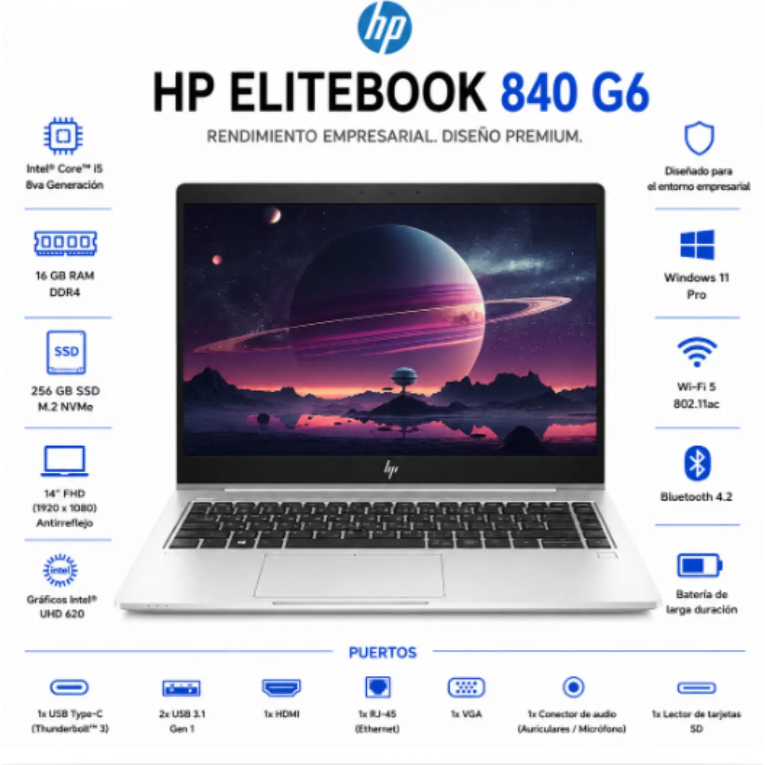 HP EliteBook 840 G6 – Intel Core i5-8365U, 16GB RAM, 256GB SSD, Pantalla 14" FHD, Windows 11 Pro, Pike Silver, Backlit Keyboard, Webcam, NFC, FPR (Grade A)