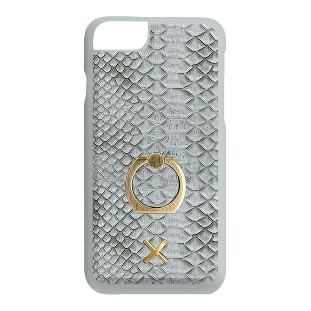 Candywirez Funda de piel de cocodrilo vegana con anillo de soporte para iPhone 7 - Soporte de anillo - Banda a prueba de golpes - Plata