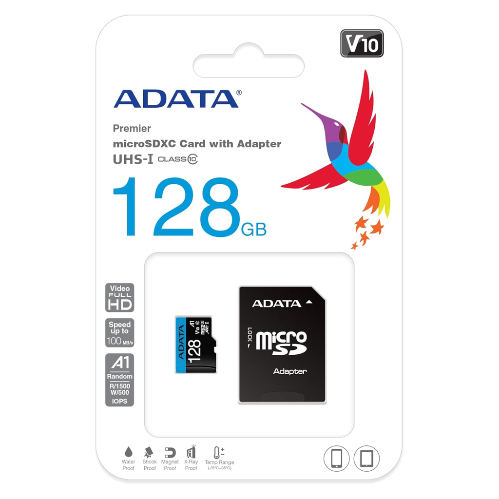 ADATA 128 GB Tarjeta de Memoria Micro SDXC con Adaptador Color Negro con Azul A1 (Clase 10)