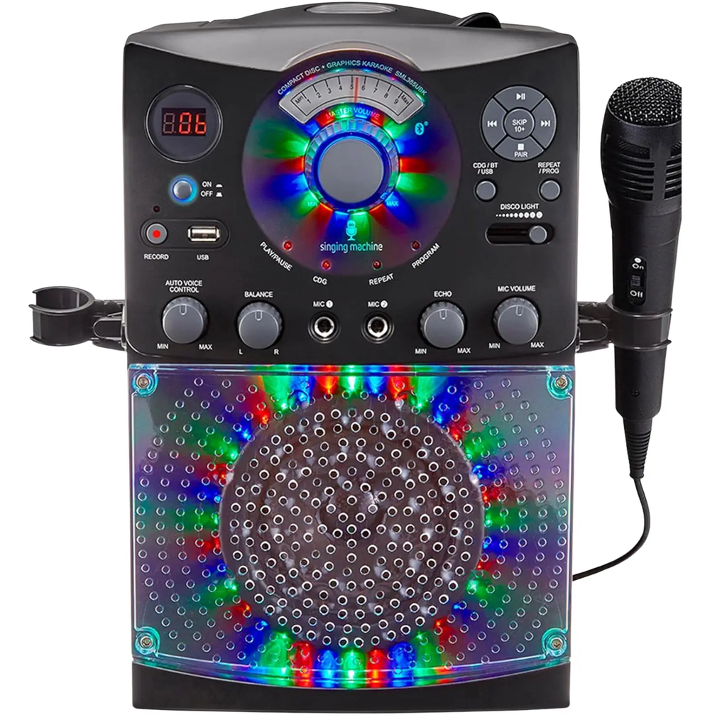 Sistema de Karaoke Singing Machine SML385UBK | Bluetooth | Luces de Discoteca LED | Reproductor CD+G y USB | Color Negro | Nuevo