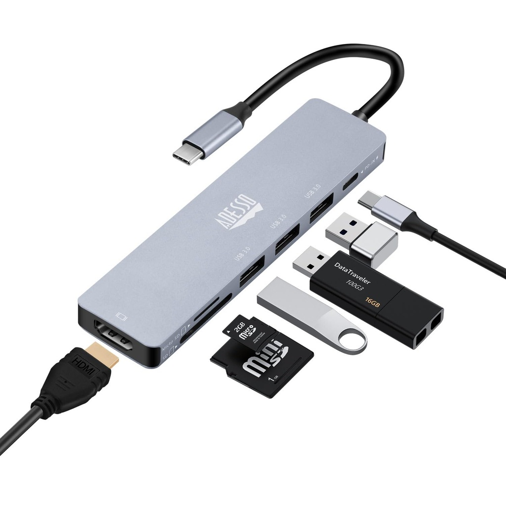Adesso AUH-4025 Estación de acoplamiento USB C Adaptador multipuerto Tipo C Hub Soporta USB C a x1 4K HDMI, 3X USB-A 3.2, 1x PD, 1x Micro SD, 1x Lector de tarjetas SD