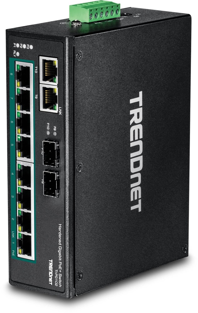 TRENDnet 10-Port Industrial Gigabit PoE+ DIN-Rail Switch, 8 x Gigabit PoE+ Ports, DIN-Rail Mount, 2 x SFP Slots, 240W PoE Power Budget, Network Switch, IP30, QoS, Lifetime Protection, Black, TI-PG102