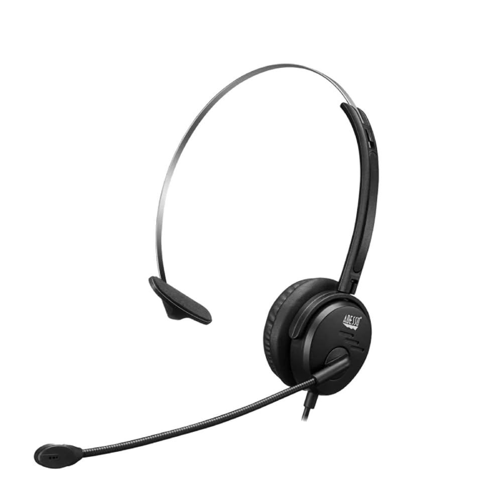 Adesso USB Single-Sided Headset with Adjustable Microphone- Noise Cancelling- Mono - USB - Wired - Over-the-head - 6 ft Cable -, Omni-directional Microphone - Black