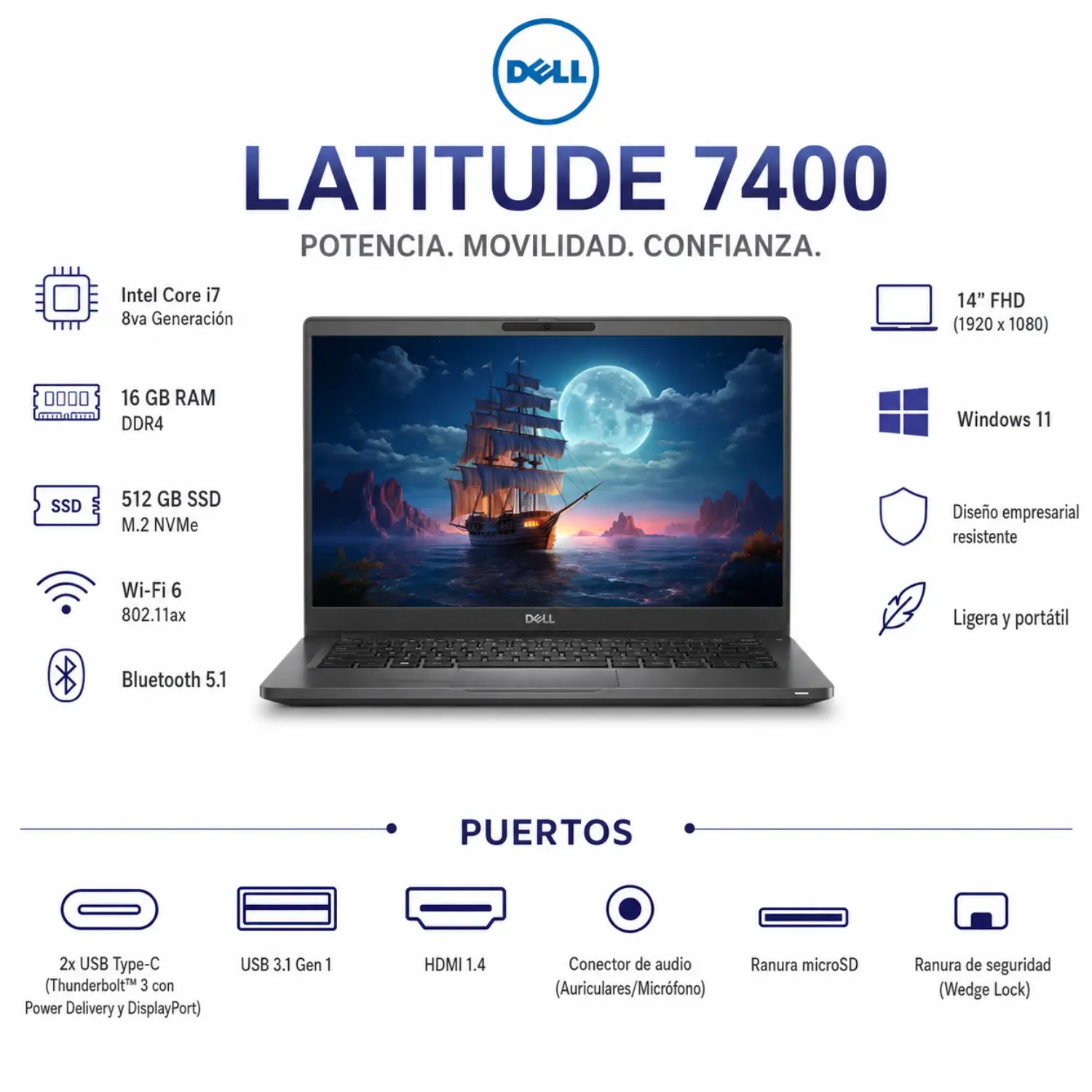Dell Latitude 7400 14" FHD Intel Core i7 16GB RAM 512GB SSD Windows 11 (Reacondicionado) 