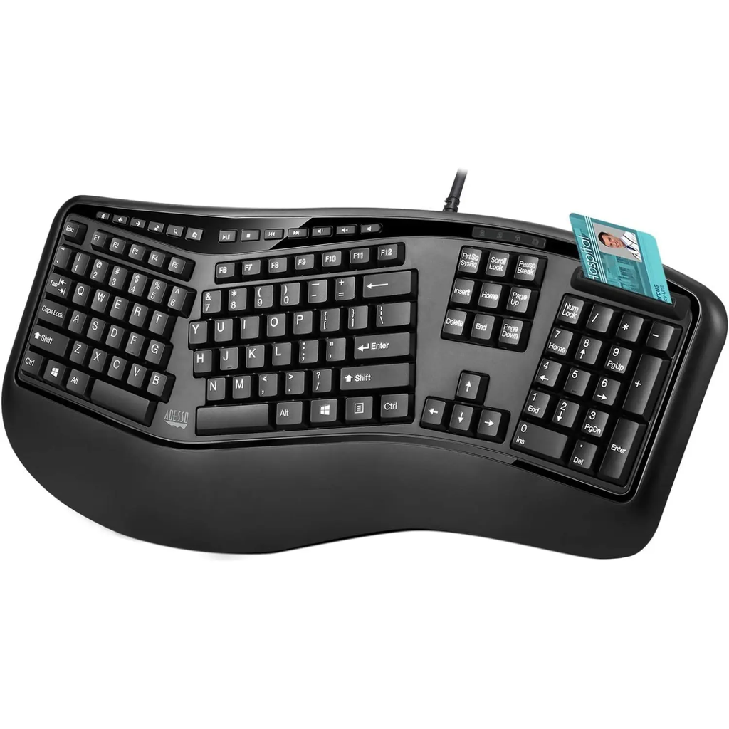 Adesso TruForm AKB-150SB-TAA – Teclado Ergonómico con Lector Smart Card, Certificación TAA, Conexión USB, Diseño Dividido, Color Black