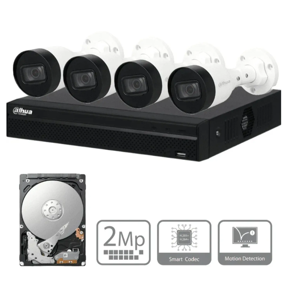 Kit de Videovigilancia IP Dahua 4 Canales PoE con Disco Duro 1TB y Cámaras 2MP