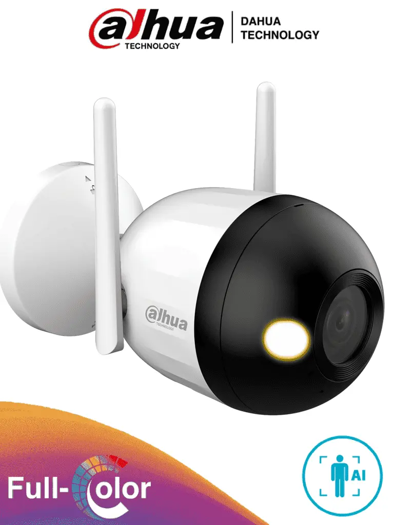 DAHUA F2C-LED - Cámara IP Bullet Wifi de 2 Megapíxeles/ Full Color/ Microfono Integrado/ 30 Mts de Luz Visible/ Ranura para MicroSD/ Lente 2.8mm/ IA con Detección de Humanos/ IP67