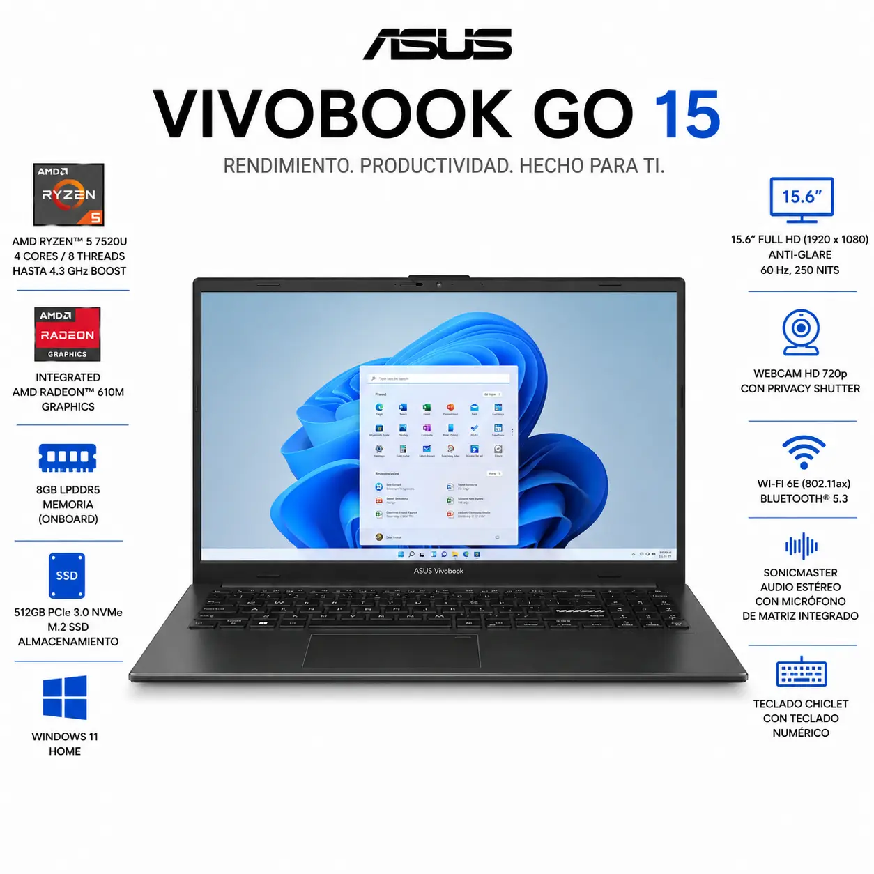 ASUS - Vivobook Go 15" Laptop FHD - Ryzen 5 7520U with 8GB RAM - 512GB SSD - Black
