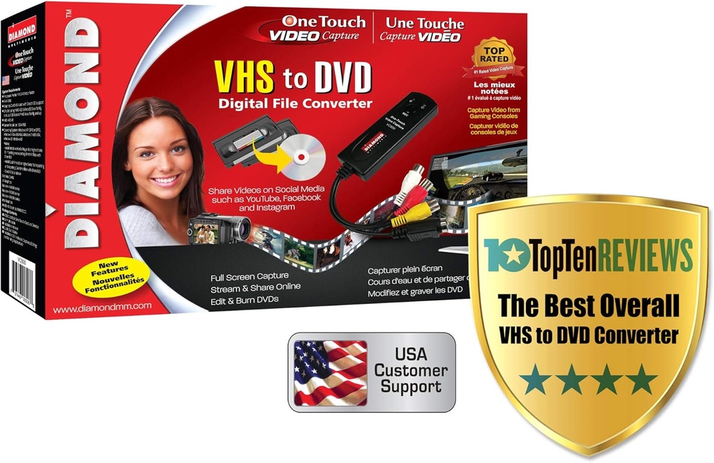Dispositivo de captura de video de un solo toque USB 2.0 Diamond VC500 Capture contenido de VCR, videocámaras, reproductores de DVD o cualquier dispositivo que admita salida de video a través de una conexión S-Video o RCA compuesta.