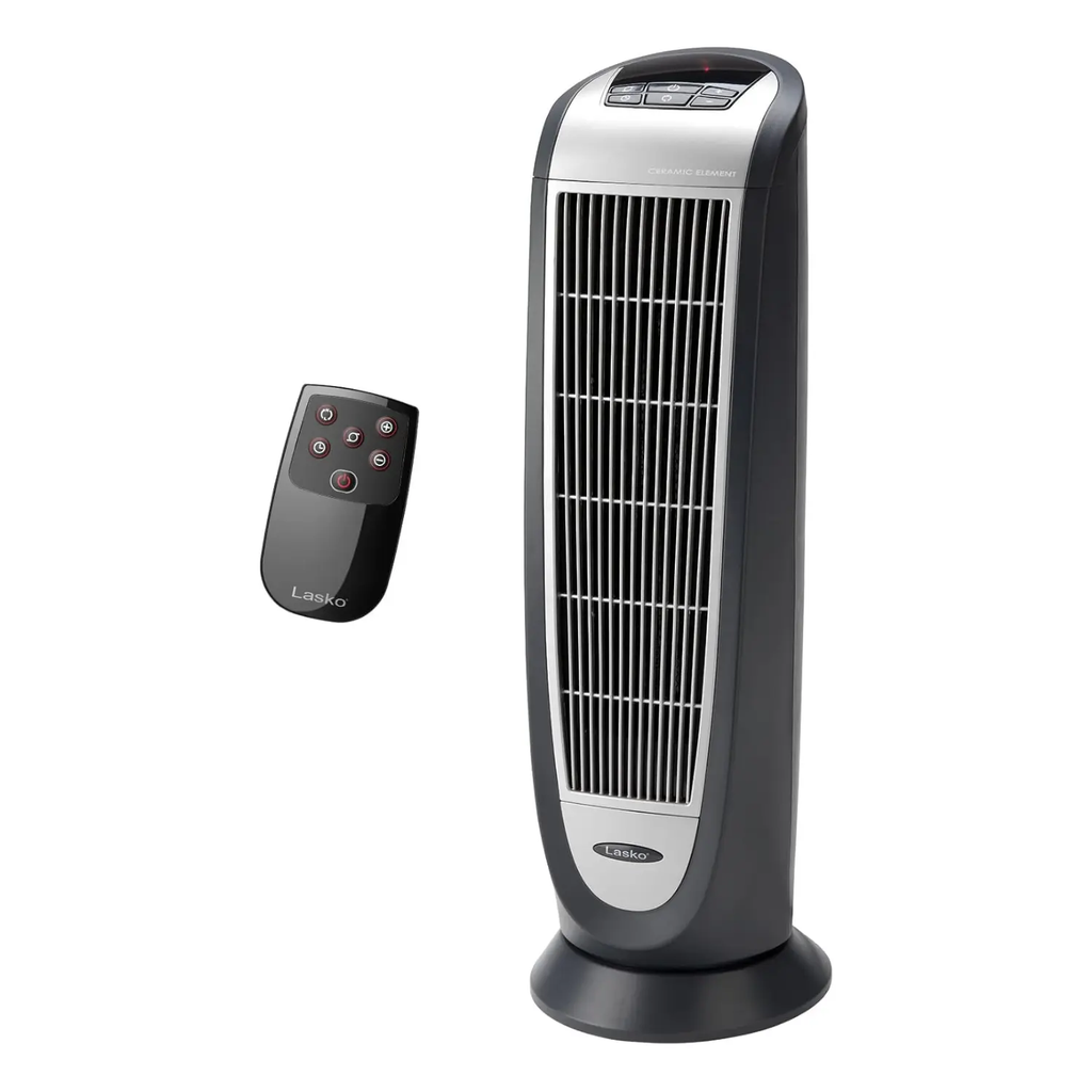Lasko 1500W Ceramic Tower Space Heater with Digital Display and Remote Control, 5160, Black/Silver