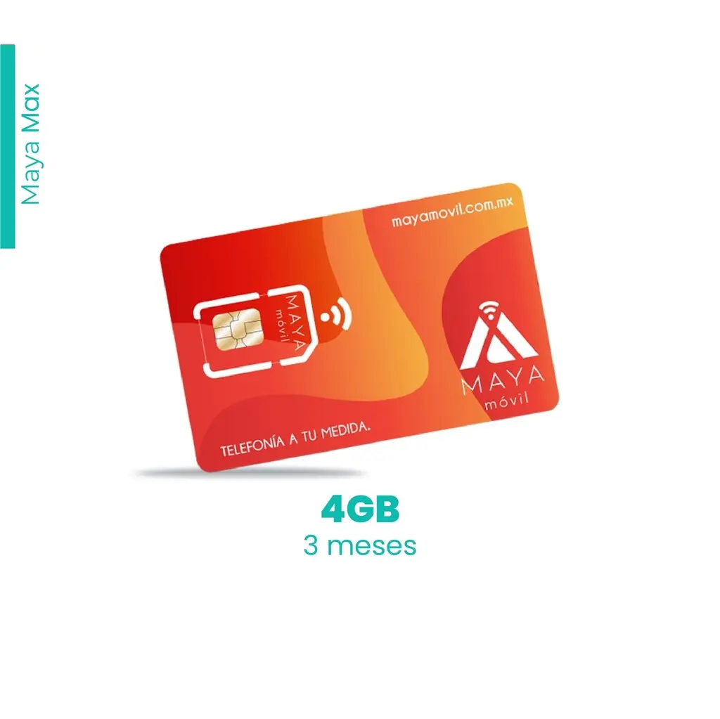 Maya Móvil Max 3 meses de vigencia, 4 Gb de datos, llamadas, SMS y redes sociales ilimitados