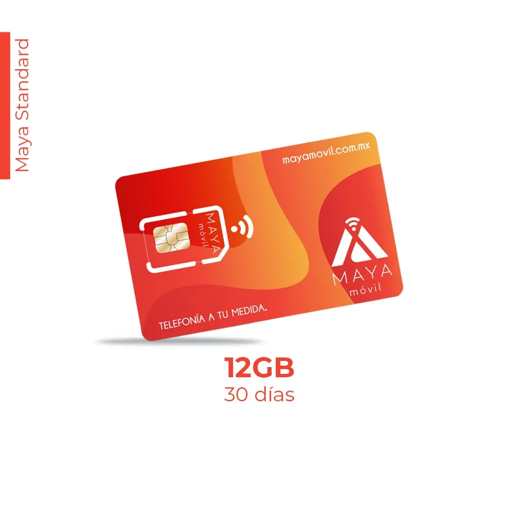 Maya Móvil Standard 30 días de vigencia, 12 Gb de datos, llamadas, SMS y redes sociales ilimitados