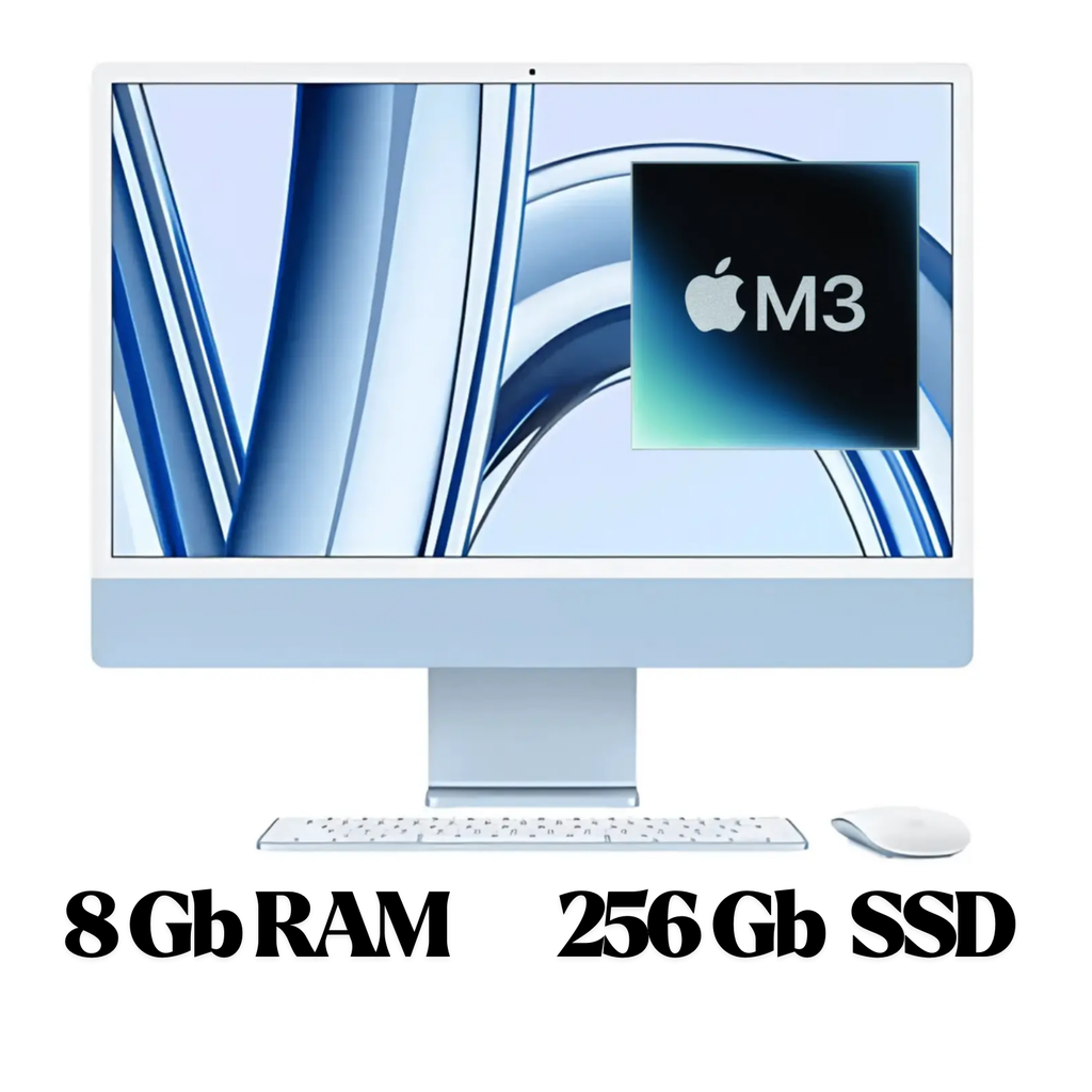 Apple iMac M3 24″ – All-in-One 4.5K Retina, 8-Core CPU, 10-Core GPU, 8GB RAM, 256GB SSD, MacOS, Azul, Teclado y Mouse Español (Chile Plug)