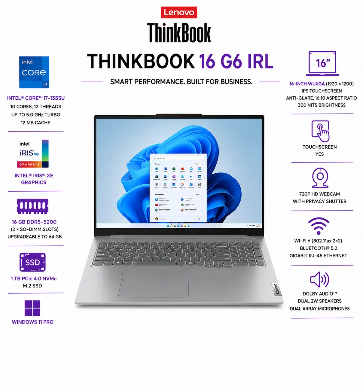 Lenovo ThinkBook 16 G6 IRL 16" WUXGA IPS Tactil Laptop - Intel Core i7-1355U - 16GB RAM - 1TB SSD, Windows 11 Pro - Arctic Grey