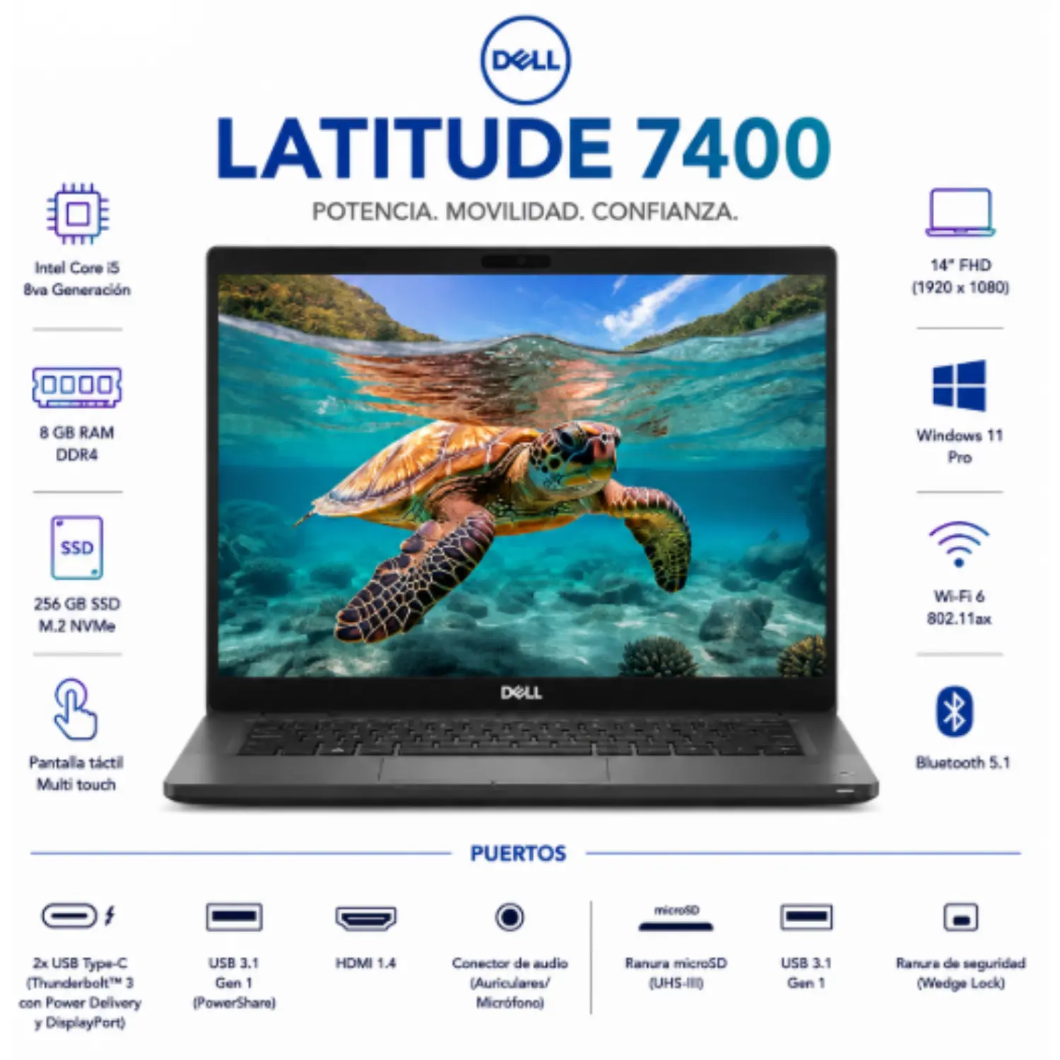 Dell Latitude 7400 14" FHD Intel Core i5 8GB RAM 256GB SSD Windows 11 (Reacondicionado) 