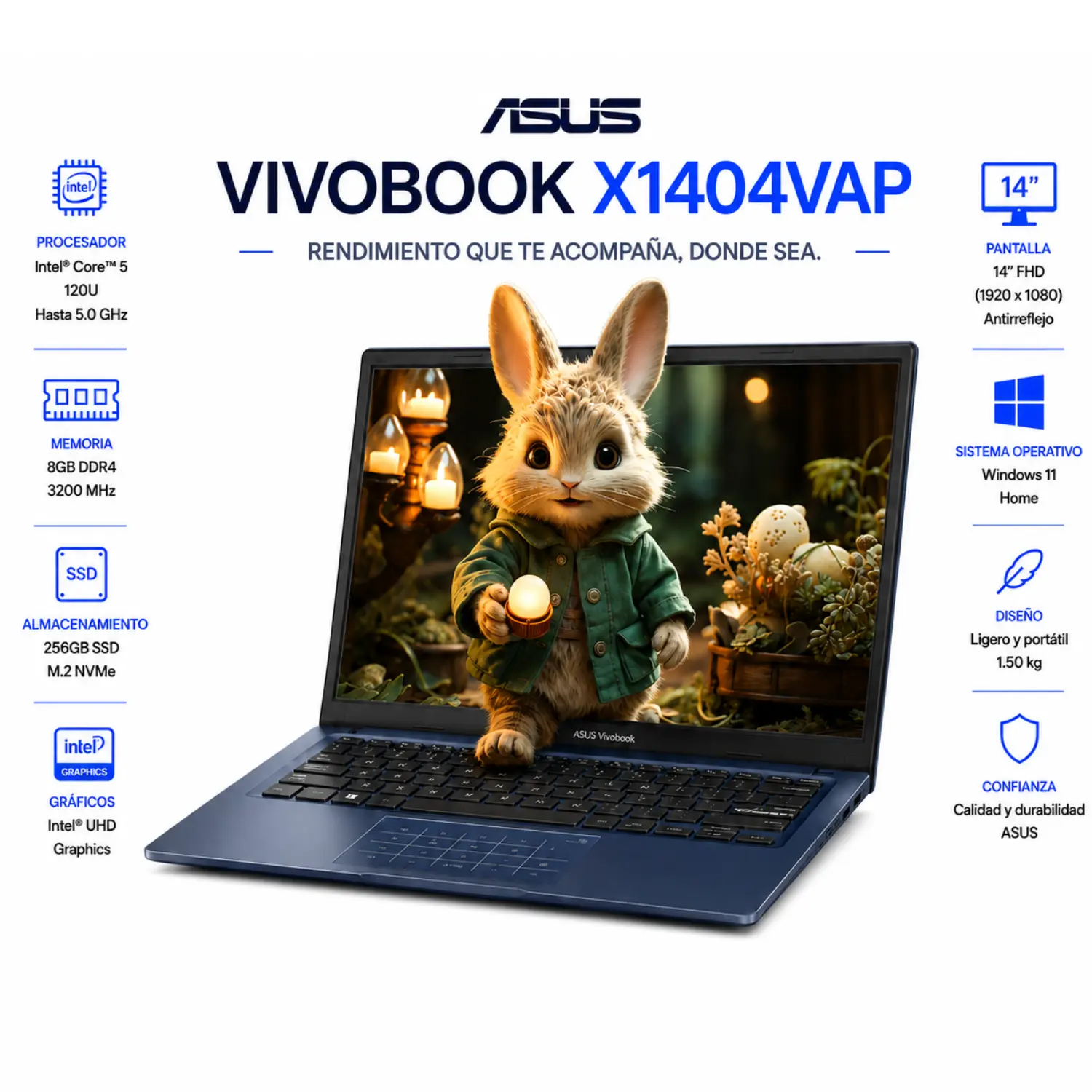Laptop ASUS VivoBook 14 X1404VAP FHD Intel Core 5 8GB RAM 256GB SSD Windows 11 Quiet Blue