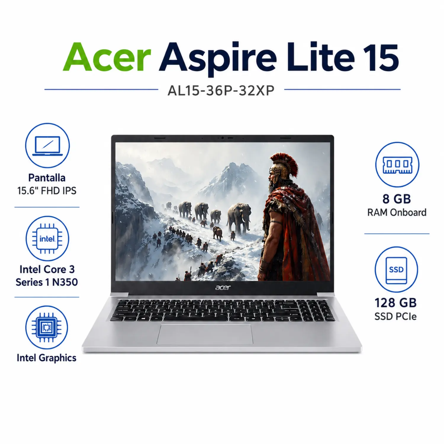 Laptop Acer Aspire Lite 15 AL15-36P 15.6 FHD Intel Core 3 8GB RAM 128GB SSD Windows 11 Silver