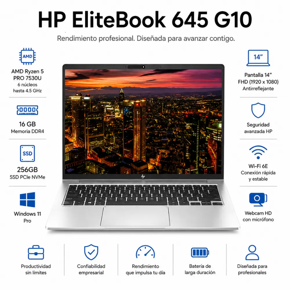 HP EliteBook 645 G10 14" FHD Ryzen 5 Pro 16GB RAM 256GB SSD Windows 11 Pro (Reacondicionado)