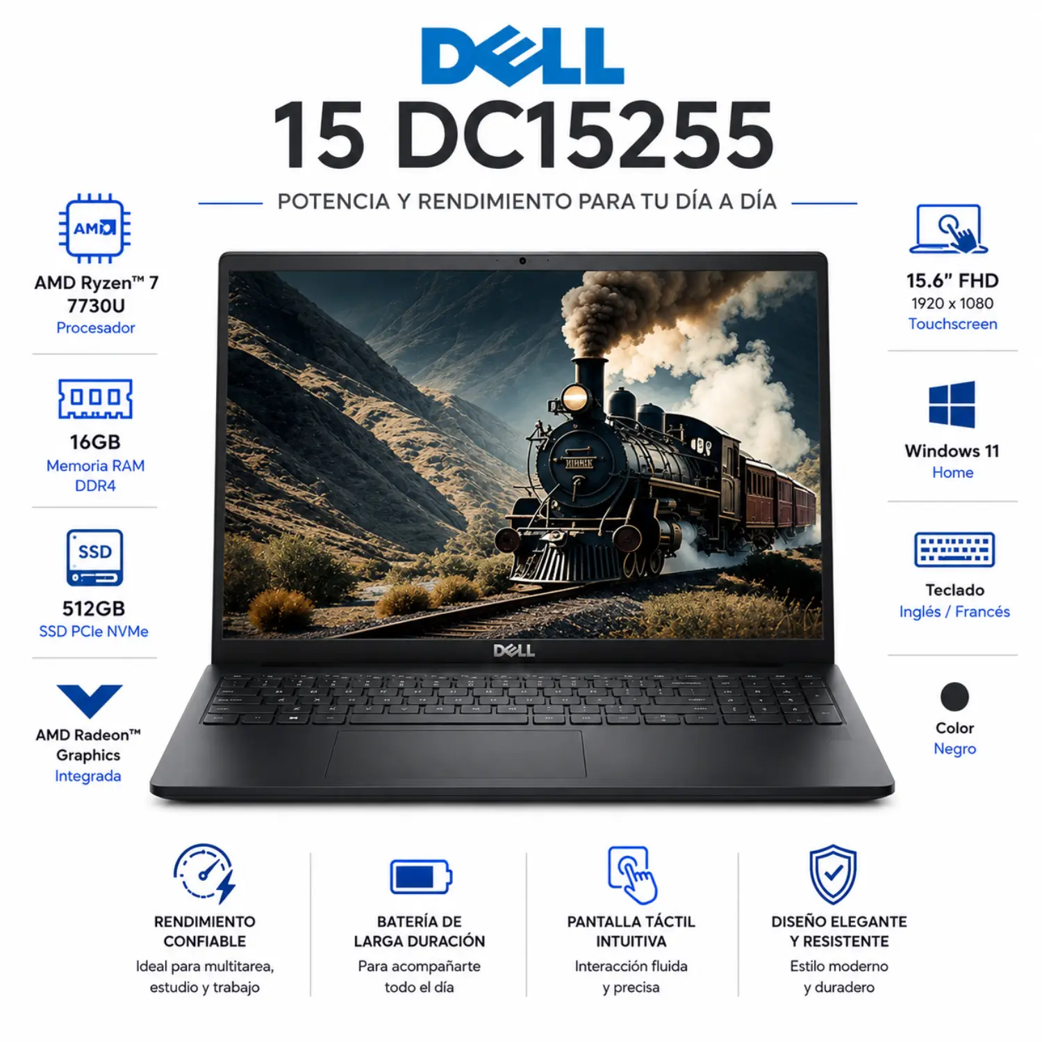 Laptop Dell 15 DC15255 Touch 15.6 FHD Ryzen 7 16GB RAM 512GB SSD Windows 11 Black