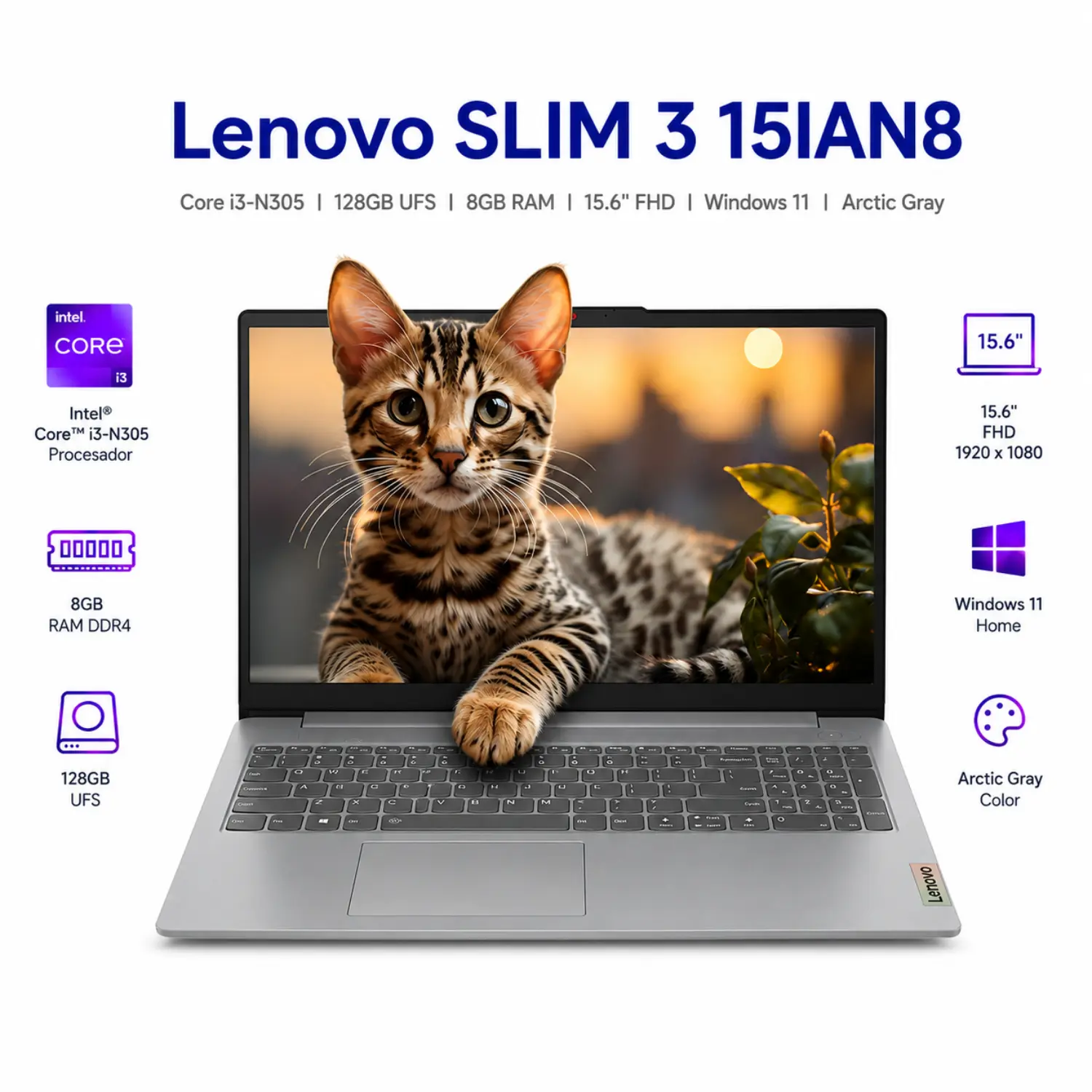 Laptop Lenovo Slim 3 15IAN8 15.6 FHD Intel Core i3 8GB RAM 128GB UFS Windows 11 Arctic Gray