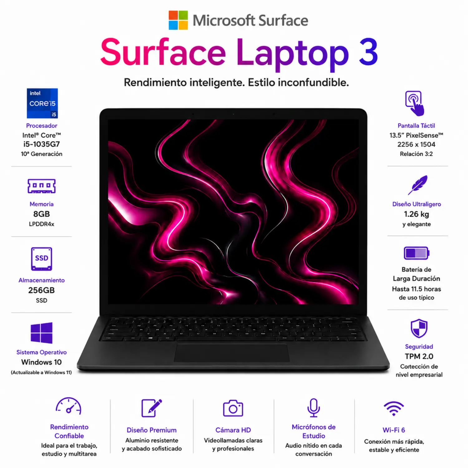 Microsoft Surface Laptop 3 13.5" Tactil Intel Core i5 8GB 256GB Negro (Reacondicionado)
