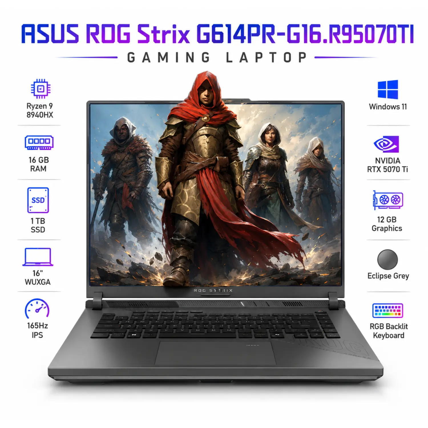 Laptop Gamer ASUS ROG Strix G16 Ryzen 9 16GB RAM 1TB SSD RTX 5070 Ti 12GB WUXGA 165Hz Windows 11