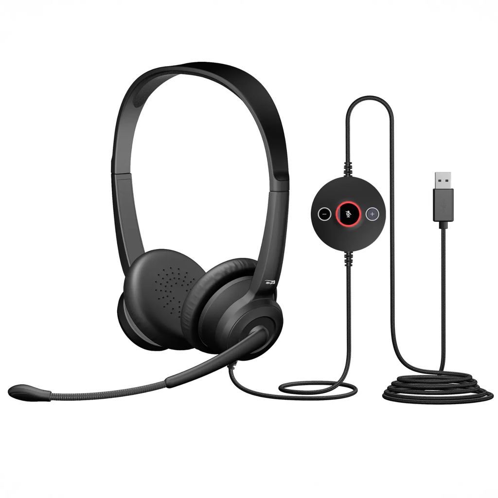 Cyber Acoustics AC-204 ENC – Headset USB con Micrófono, Cancelación de Ruido ENC, Diadema Ligera, Control en Cable, Ideal para Clases, Oficina y Videollamadas