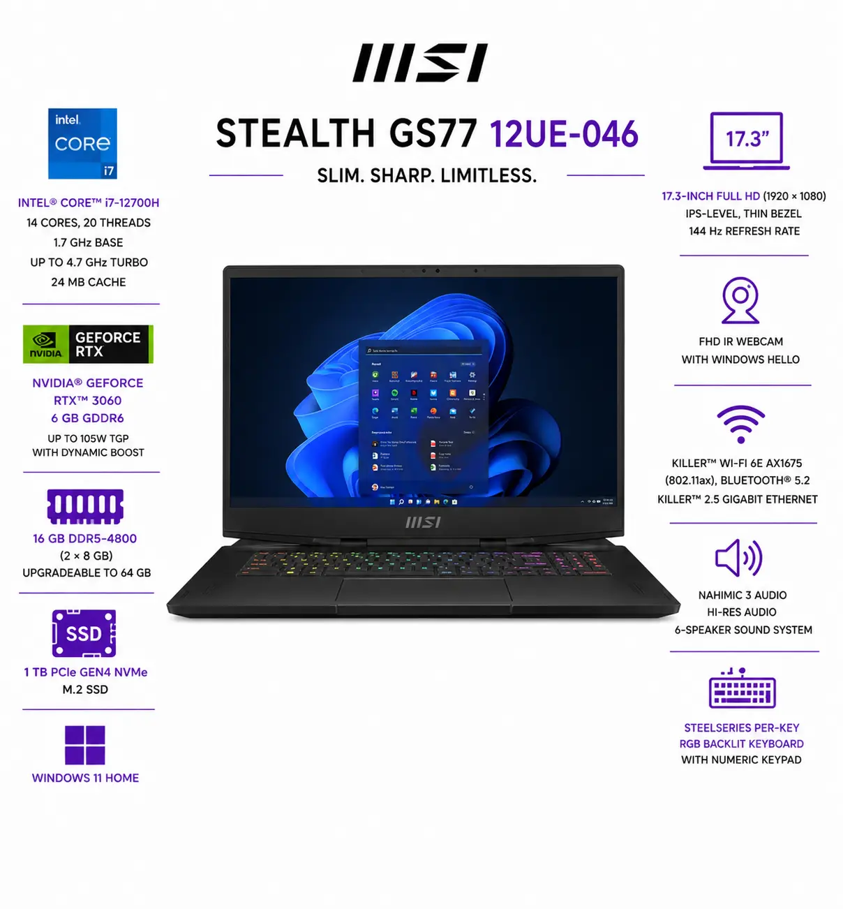 MSI Stealth GS77 Gaming 17.3" FHD- Intel Core i7-12700H - GeForce RTX 3060 - 16GB RAM - 1TB SSD - Windows 11 Home