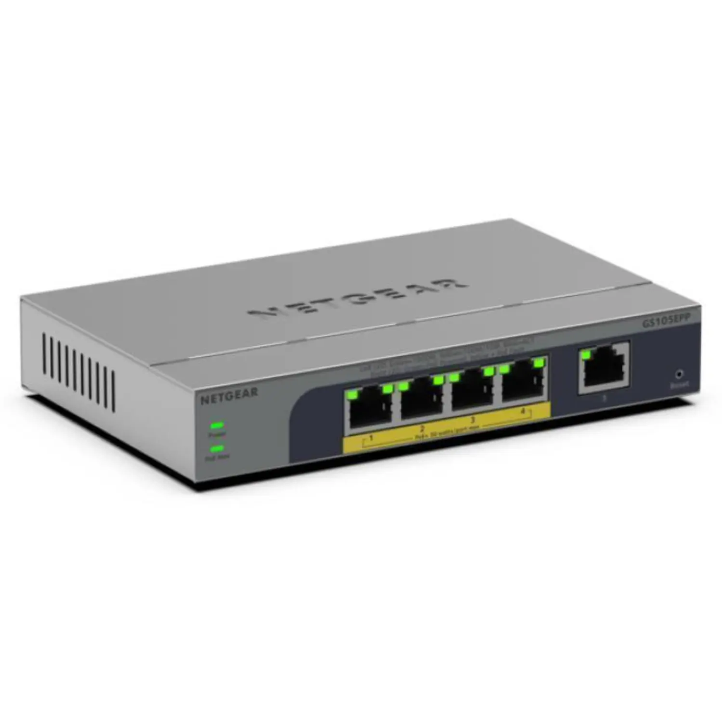 NETGEAR GS105EPP – Switch Easy Smart 5 Puertos Gigabit con PoE+ de Alta Potencia (120W), Plug-and-Play, Compacto y Profesional – Nuevo
