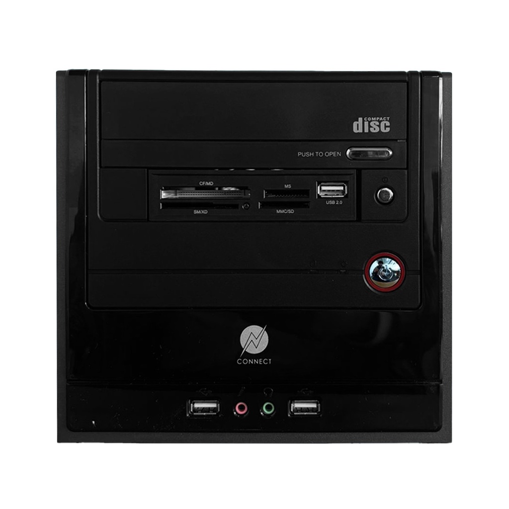Gabinete Connect fuente de poder, mouse óptico USB, teclado USB y un par de bocinas con entrada de Jack audio 3.0 Negro