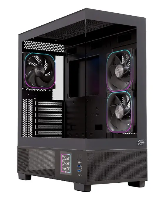 Gabinete EINAREX Prisma S501D Black - Pantalla LCD Monitoreo Temps - ATX - Cristal Templado Dual - 3 Fans RGB