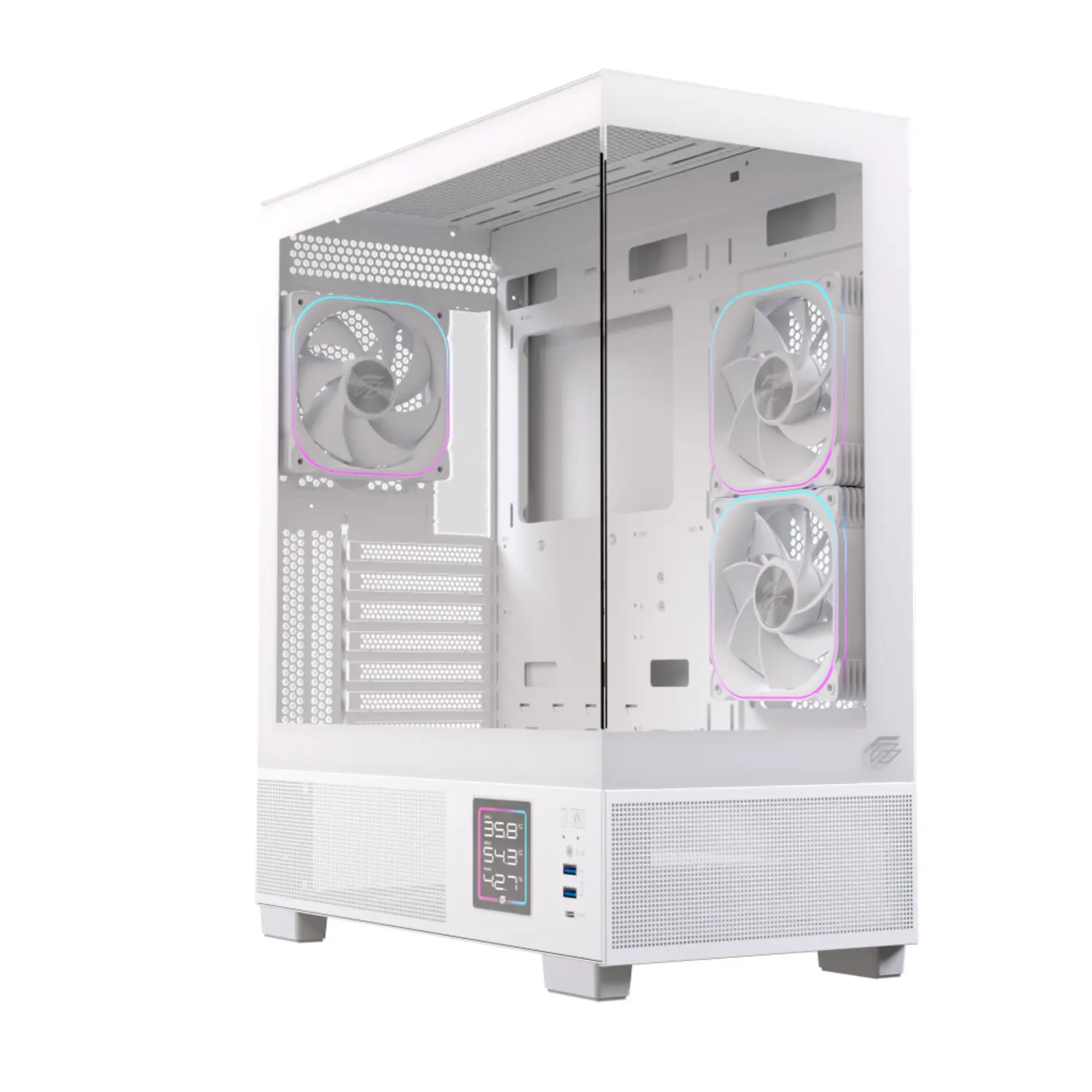 Gabinete EINAREX Prisma S501D White - Pantalla LCD Monitoreo Temps - ATX - Cristal Templado Dual - 3 Fans RGB