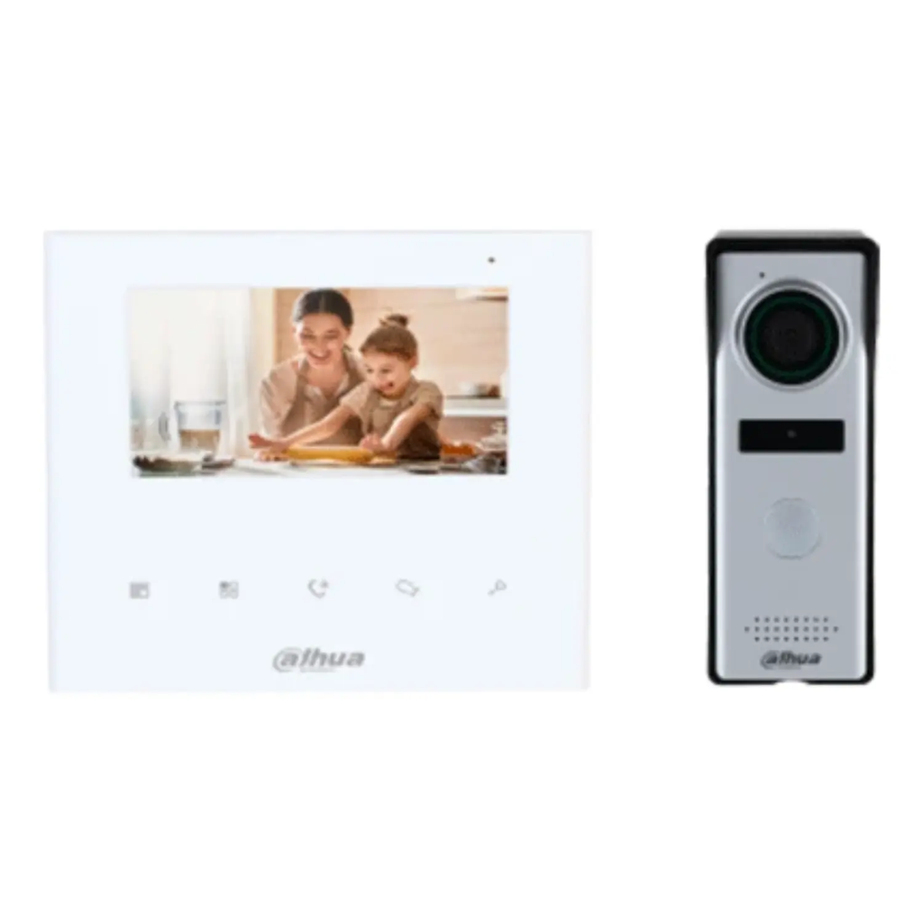 DAHUA DHI-KTA04 - Kit de videoportero analógico con monitor de 4.3" y botones táctiles. Incluye frente de calle con cámara de 1.3 MP, múltiples tonos de timbre personalizables, y función de apertura de puerta para mayor seguridad y comodidad.