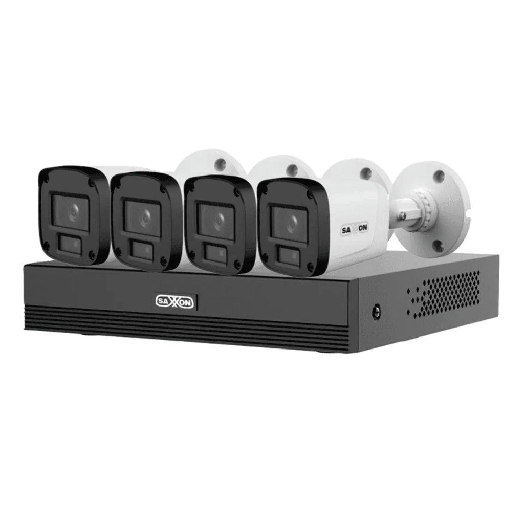 SAXXON SUA-KIT/XVR1E04-I/4-B10P-0280B - Kit de 4 Canales HDCVI/ Cámaras B10P de 1MP 720P/ Lente de 2.8mm Con Apertura de Hasta 100°/ Grabador de 4 Canales con Detección de Movimiento Inteligente/ Entradas y Salidas de Audio